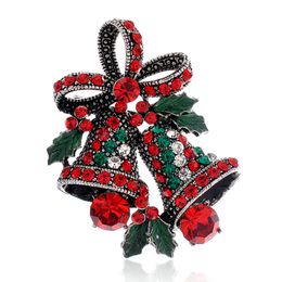 Christmas Jewelry Multicolor Rhinestone Leaf Bells Brooches Antique Gold Alloy Brooch Corsage Pins XMAS Gifts Wholesale