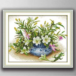Fragrant lilies flower basket home decor painting , Handmade Cross Stitch Embroidery Needlework sets counted print on canvas DMC 14CT /11CT