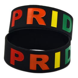 50PCS Gay Pride One Inch Wide Silicone Bracelet Black Adult Size Debossed and Filled in Rainbow Colours Logo