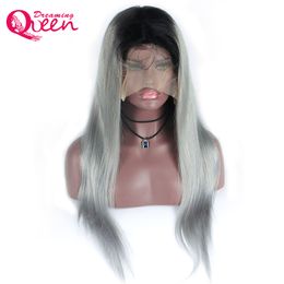 Straight Ombre Color Wig 1B/Grey Full Lace Human Hair Wig 130% Density with Dark Black Roots 100% Brazilian Virgin Human Hair 1B/Gray Wig