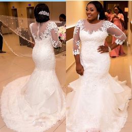 African Nigerian Mermaid Wedding Dresses 2017 New Long Sleeves Lace Appliques Illusion Plus Size Court Train Tiered Formal Bridal Gowns