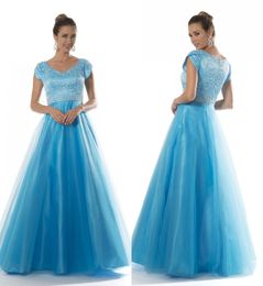 Blue Long Modest Prom Dresses With Cap Sleeves Fully Beaded Bodice A-line Floor Length Teens Formal Prom Party Gowns Modest New Design