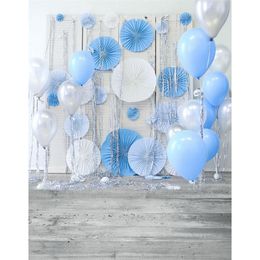 Vinyl Backdrops for Photography Blue White Balloons Grey Wood Floor Newborn Baby Photo Prop Boys Birthday Backgrounds Custom