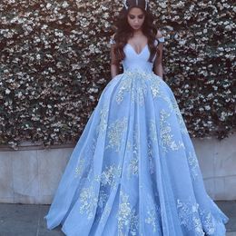 Latest Baby Blue Evening Dress Off The Shoulder Lace Applque Organza Prom Dress 2017 Said-Mhamad Summer Collection Charming Red Carpet Dress