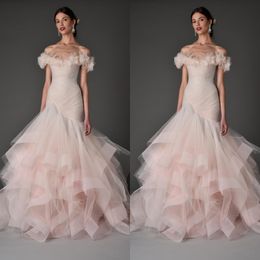 Elegant 2017 Blush Pink Tulle Mermaid Wedding Dresses Off The Shoulder Cascading Ruffles Tiered Bridal Gowns Custom Made Plus Size EN4227