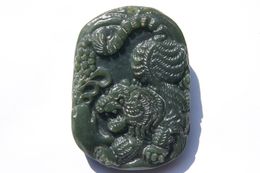 Hand-carved (shaanxi blue field) Grey jade - descend the tiger. Amulet - beautiful necklace pendant.