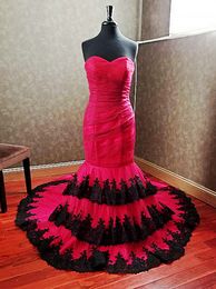 Black And Red Gothic Long Wedding Dresses Mermaid Sweetheart Lace Tulle Vintage Colourful Wedding Gowns Couture Custom Made Robes