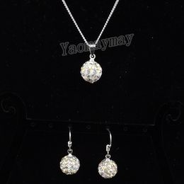 AB Clear Disco Ball Pendant Earrings And Silver Tone Necklace Crystal Jewellery Set 10 Sets Wholesale