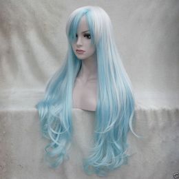 Wholesale free shipping >>>Fashion White And Light blue Mix Anime Cosplay Costume 32" Long Wavy Wig