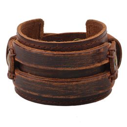Genuine Leather Cuff Bracelet for Men Chunky Super Wide Belt Cover Wrist Tattoo Snap Closure Stitched Double Band Black Brown Punk Unisex