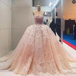 Soft Pink Ball Gown Prom Dresses Sheer Neck Sleeveless Flora Appliques Evening Gowns Saudi Arabic Formal Party Dress Custom Made