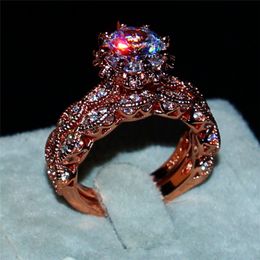 Luxury Jewellery flower 100% silod 925 Sterling Silver&Rose gold ring Big 3ct Diamond CZ Gemstone Ring Engagement Wedding Couple Rings Set