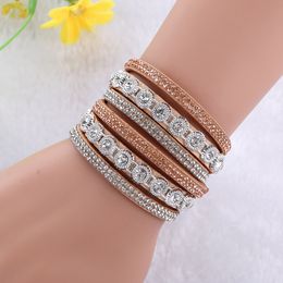 Wholesale-luxury bridal Jewellery bracelets multi layer rhinestone charm bracelets&bangles pu leather magnet buckle female bangles