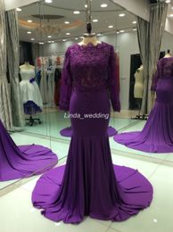 2019 New Arrival Real Photos New Arrival Purple Evening Dress Modest Long Sleeve Lace Applique Formal Party Gown Custom Made Plus Size