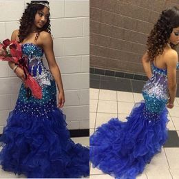 Sunjai Williams Long Mermaid Prom Dresses 2019 Strapless Sparkling Beads Rhinestones Royal Blue Ruffles Organza Formal Evening Gowns