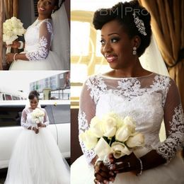 2020 Lace Wedding Dresses Long Sleeves Beaded Sheer Bridal Gowns African Plus Size Ball Gown Wedding Dress Vestidos De Noiva