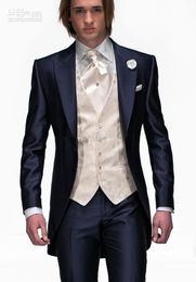 Morning Style Navy Blue One Button Groom Tuxedos Best Man Peak Lapel Groomsmen Men Wedding Suits Bridegroom (Jacket+Pants+Tie+Vest) H869