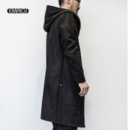 Wholesale- Men Spring Autumn Loose Hooded Trench Coat Male Fashion Casual One Button Long Black Windbreaker Jacket Mens Trench Outwear