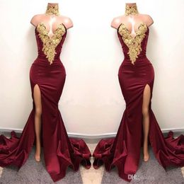 2019 Modest Burgundy Mermaid Split Sexy Evening Formal Dresses Sparkly Gold Embroidery High Neck African Arabic Occasion Prom Gowns