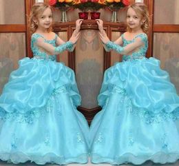 Light Sky Blue Organza Flower Girls Dresses Jewel Long Sleeves Sheer Neck With Applique Pageant Dresses Back Zipper Tiered Party Gowns 2017