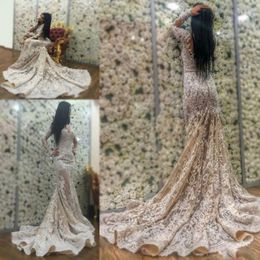 Dubai Lace Wedding Dresses Mermaid Vestido De Noiva Long Sleeve Plus Size 2017 Sexy Deep V Neck See Through Bridal Gowns
