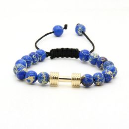 Sport Energy Ball Bracelets Wholesale 8mm Blue Sea Sediment Stone Beads with Metal New Barbell Fitness Dumbbell Bracelets