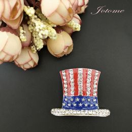 50pcs/ 48mm America USA Flag Hat Brooch Pin Red Blue White Enamel Rhinestone Crystal Brooch for Men's Suits July 4th Patriotic