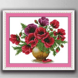 Colorful Poppy flower vase home decor paintings , Handmade Cross Stitch Embroidery Needlework sets counted print on canvas DMC 14CT /11CT