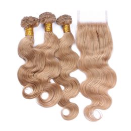 Honey Blonde Brazilian Human Hair 4x4 Lace Closure With 3 Bundles Body Wave #27 Strawberry Blonde Colour Virgin Human Hair Wefts With Closure
