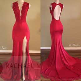 Hot Sale Red Sexy Plunge V Neck Mermaid Prom Klänningar 2020 Lace Appliqued Sequins High Split Evening Gowns Sexig Öppna Back Billiga Lång