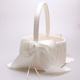 2019 Flower Girl Baskets for Weddings Hot Sale Beige Satin Ribbon Flower Basket Sets 22cm*23cm Fast Shipping
