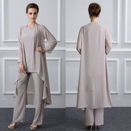 3 Pieces Plus Size Elegant Grey Chiffon Mother Of The Bride Pant Suit With Long Jactet For Fall