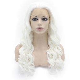 S06 24" Long White Cosplay Party Wig Heat Friendly Synthetic Hair Lace Front Wig