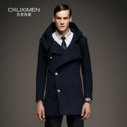 Wholesale- 2016 autumn/winter coats men hooded trench coat woolen jacket single breasted high quality british pea coat business overcoat