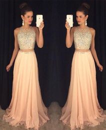 2017 New Elegant Fake Two Pieces Chiffon Long Prom Dresses Sheer Tulle Beaded Stones Top Floor Length Formal Party Evening Dresses242E