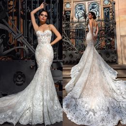 Sexy Mermaid Wedding Dress Spaghetti Sleeveless Full Lace Appliqued Backless Sweep Train Sheer Beach Wedding Dresses Bridal Gowns