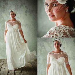 Plus Size Beach Wedding Dresses With Half Sleeves Sheer Jewel Neck A Line Lace Appliqued Bridal Gowns Chiffon Empire Waist Wedding Dress