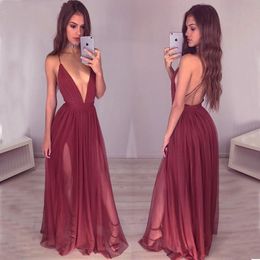 Deep V Neck A line Flattering Backless Burgundy Prom Dresses 2019 Wine Red Slit Tulle Women Sexy Dress Evening Gowns