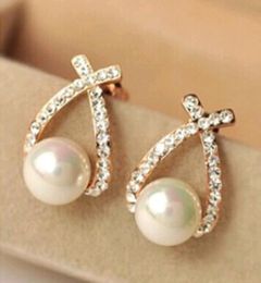 Hot Selling Rhinestone Pearl Earrings Charm Cross Semi-precious Stones Earings for Women Gift gold silver Colour Korean