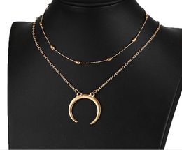 Fashion simple double - layer copper beads necklace moon pendant necklace chain