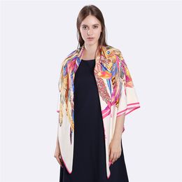 Scarves New Twill Silk Scarf Women Indian Feather Printing Square Scarves Fashion Wrap Female Foulard Large Hijab Shawl Neckerchief 130130CM Z230818