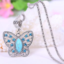Wholesale-Summer style silver plated necklaces & pendants Fashion Butterfly Turquoise Necklaces Jewelry Vintage Tibetan Pendants