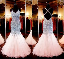 Pink Mermaid Straps Organza Prom Dresses Crystal Beaded Floor-length Open Back Trumpet Pageant Gowns Celebrity Evening Dresses