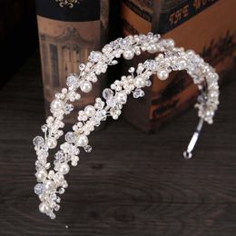 Vintage Wedding Bridal Crystal Rhinestone Pearl Beaded Hair Accessories Headband Band Crown Tiara Ribbon Headpiece Jewellery Set