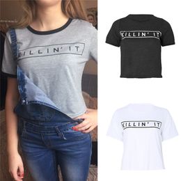 Wholesale- Casual Summer Women Plain Tops Pullover Short Sleeve O-neck KILLIN IT Print T-shirt