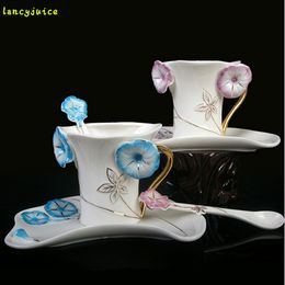 Morning Glory Flower Cups And Saucers Colour Enamel Coffee Cups Creative Porcelain Drinkware Mugs Tea Set Ceramic Gifts