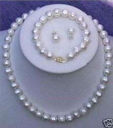 Genuine Cultured Freshwater White Pearl Necklace Bracelet & Earring Set A+08