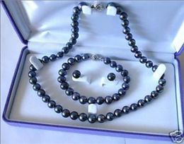 Elegant Stunning 7-8mm Black Akoya Cultured Pearl Necklace Bracelet Earring Set