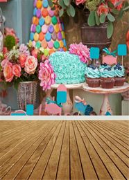 Baby Newborn Photo Props Birthday Photography Backdrops Turquoise Cake Sweet Dessert Studio Portrait Backgrounds Brown Wood Floor