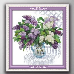 Colourful A basket of the Lilac home decor painting , Handmade Cross Stitch Embroidery Needlework sets counted print on canvas DMC 14CT /11CT